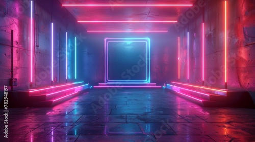 The video game has a scifi gaming cyberpunk background, vr virtual reality simulation and metaverse, scene stand pedestal stage, 3D illustration rendering, futuristic neon glow room.