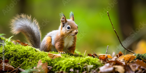 Curious Squirrel on a Mossy Log in Autumn Forest © smth.design