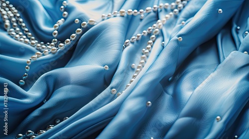 a soft and smooth blue silk fabric adorned with delicate pearls scattered across its surface, set against an elegant backdrop reminiscent of a refined jewelry display stand.