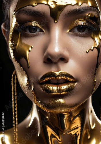 AI-generated illustration of A stunning woman with gold metallic makeup © Wirestock