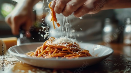Plate of spaghetti being sprinkled with parmesan cheese. Ideal for food blogs and Italian cuisine websites