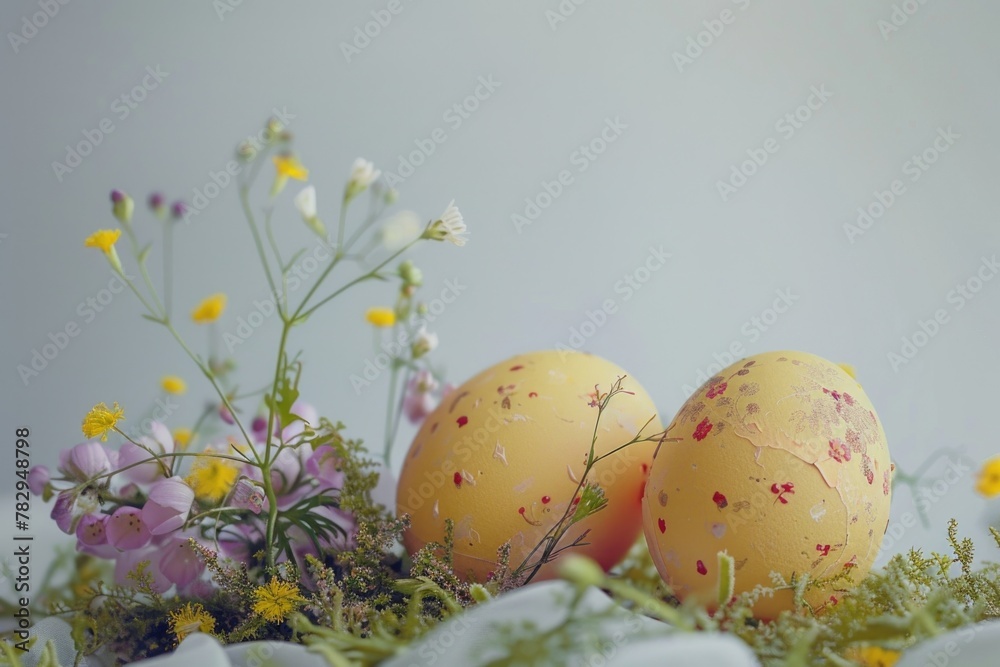 Bright yellow eggs resting on a bed of colorful flowers. Perfect for Easter or spring-themed designs