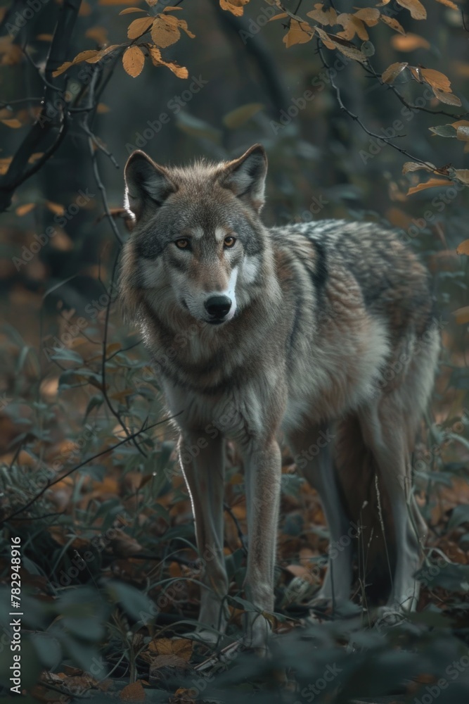A lone wolf standing in the middle of a forest. Suitable for wildlife and nature concepts