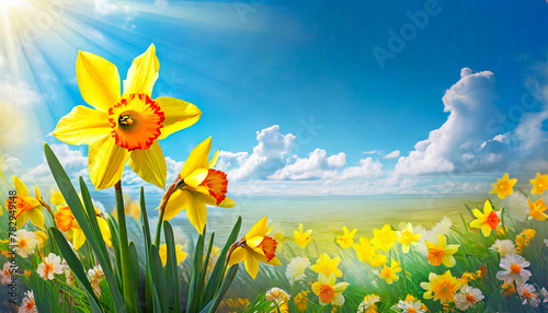 Spring flowers - yellow daffodils and a bright blue sky