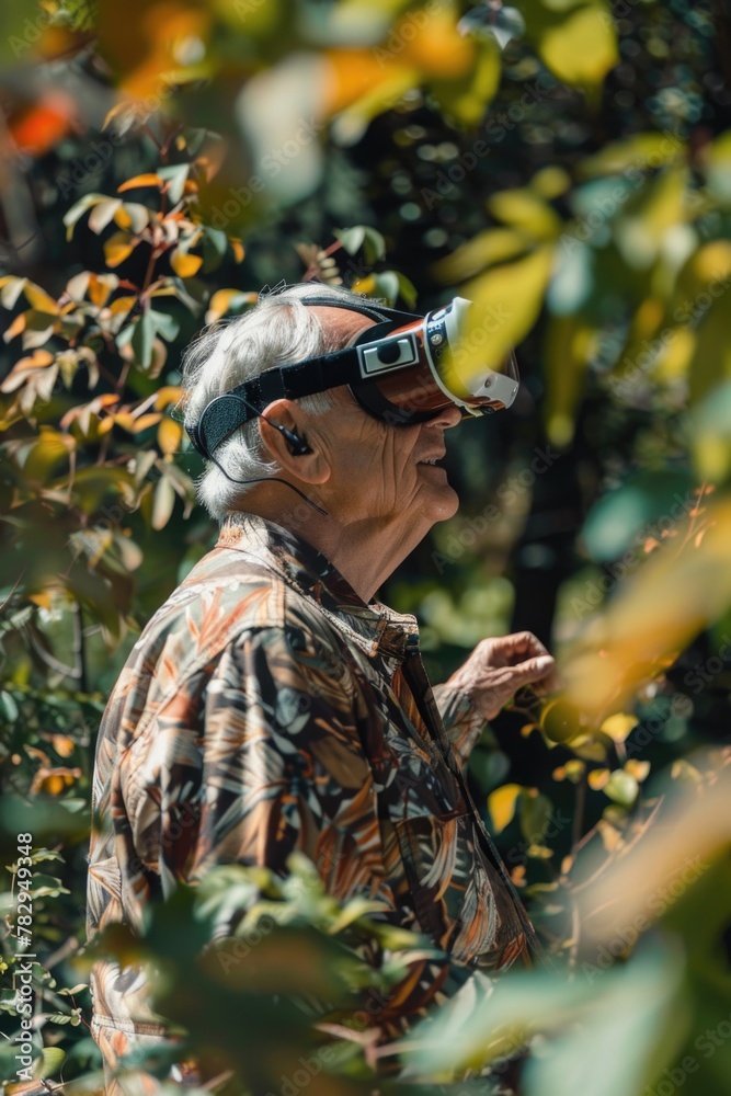 A senior man wearing goggles in a wooded area. Suitable for outdoor and adventure themes A senior man wearing goggles in a wooded area. Suitable for outdoor and adventure themes