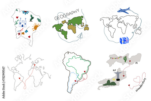 Set of vector linear geography illustration isolated on white background  linear world map  geography 