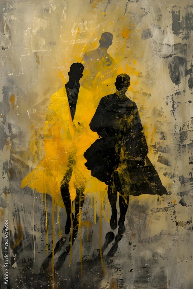 AI generated illustration of an oil painting of silhouettes strolling on a yellow and black backdrop