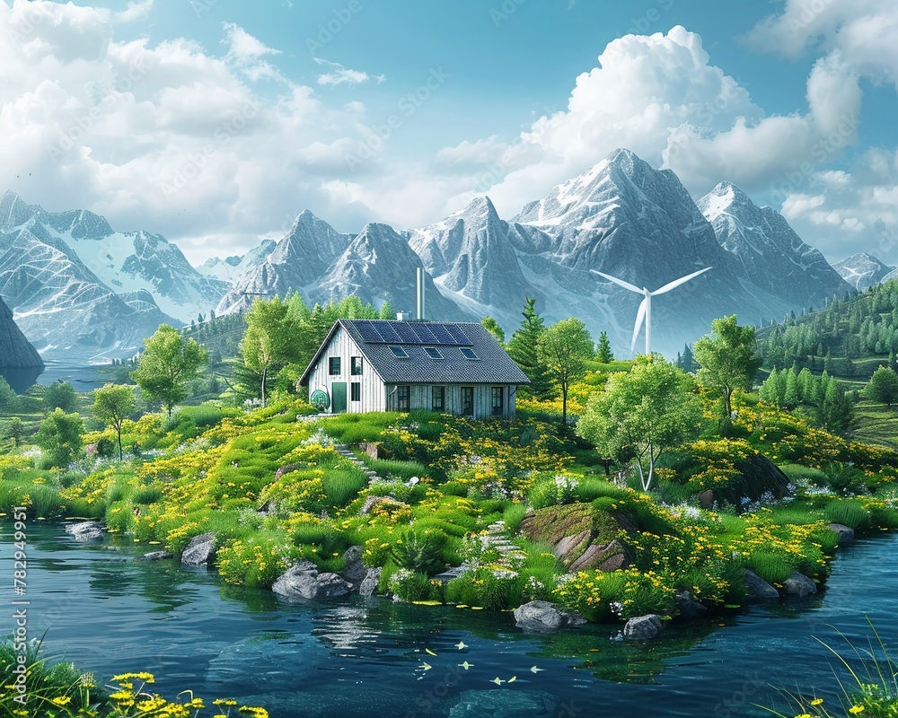 Generate an image that visualizes the harmony between nature and renewable resources , unique hyper-realistic illustrations