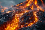 Molten rock flowing like a river of fire down the mountainside ,3DCG,high resulution,clean sharp focus