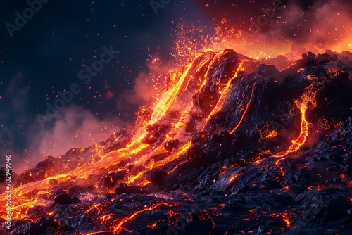 Fiery red lava spewing high into the night sky ,super realistic,soft shadown