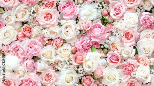 pastel pink and white roses  creating a wall of flowers that serves as an enchanting backdrop for wedding ceremonies or party decorations. SEAMLESS PATTERN