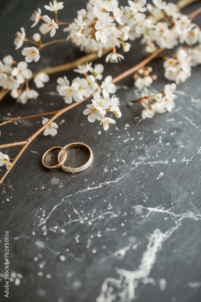 Two wedding rings placed on a table, suitable for wedding or love concepts Two wedding rings placed on a table, suitable for wedding or love concepts