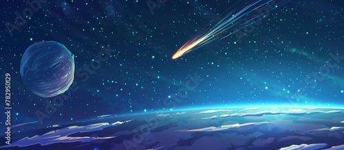 Comet soaring over the Earth's atmosphere with a star twinkling in the distant background