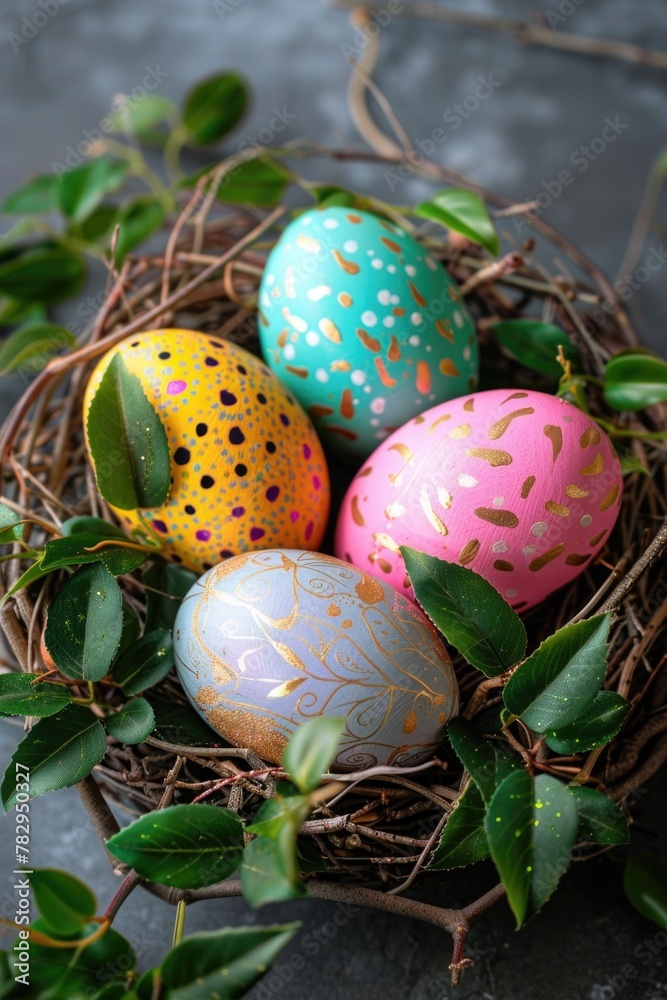 Colorful painted eggs in nest on table, perfect for Easter decorations