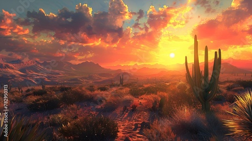 AI generated illustration of a desert landscape at sunset with cacti under a colorful sky