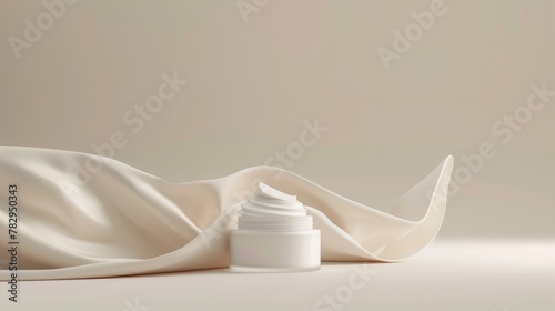 Mockup of cosmetic cream jar mockup with smooth elegant flying cloth for product display. photo