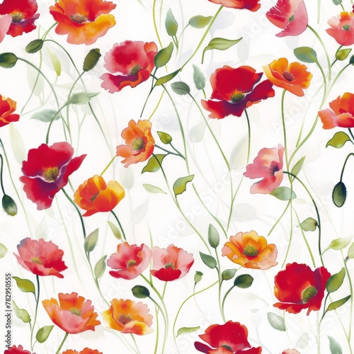 Vibrant Watercolor Poppy Flowers Seamless Pattern Design