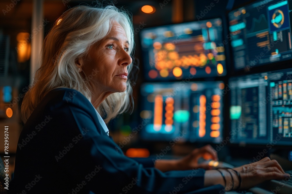 AI generated illustration of a senior woman working on computer with ...