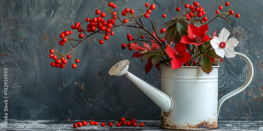 Rustic Holiday Still Life with Red Berries and White Watering Can - obrazy, fototapety, plakaty 