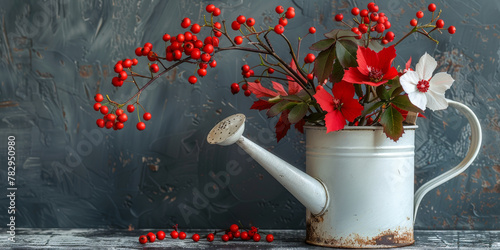 Rustic Holiday Still Life with Red Berries and White Watering Can