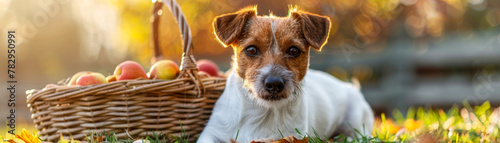 Charming Jack Russell Terrier Lying Next to a Basket of Apples in Autumn Light