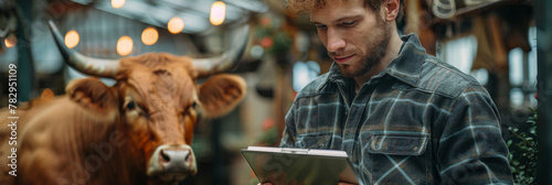 Modern Farmer Using Tablet with Cow in Sustainable Farm Environment