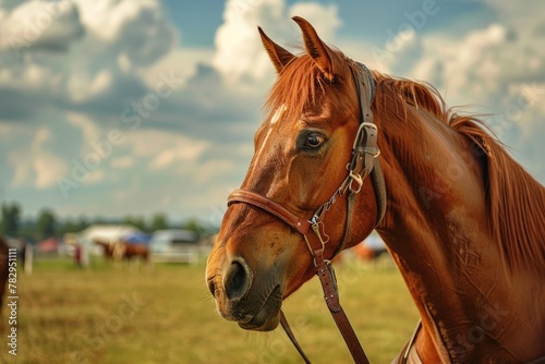 Brown Horse Portrait at Summer Western Horse Show - Stunning Equestrian Animal Competing In Fast Horse Event © Serhii
