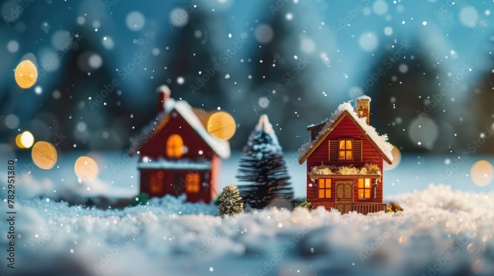 Winter scene with small houses on snowy ground. Suitable for seasonal and real estate concepts