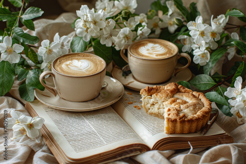 Cozy Coffee Break with Apple Pie and Book Among Blooming Flowers