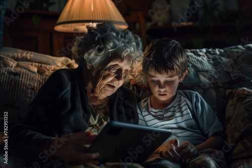 AI generated illustration of an elderly woman and young boy reading on a tablet device