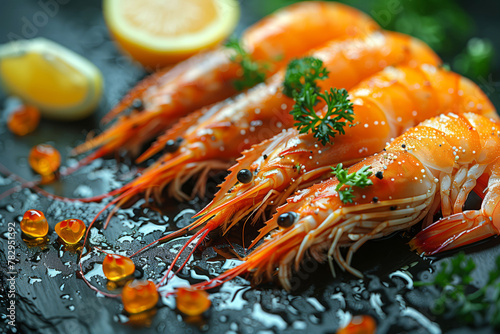 Savory Sea Delicacies Fresh Shrimps Seasoned with Fresh Green Herbs on Display