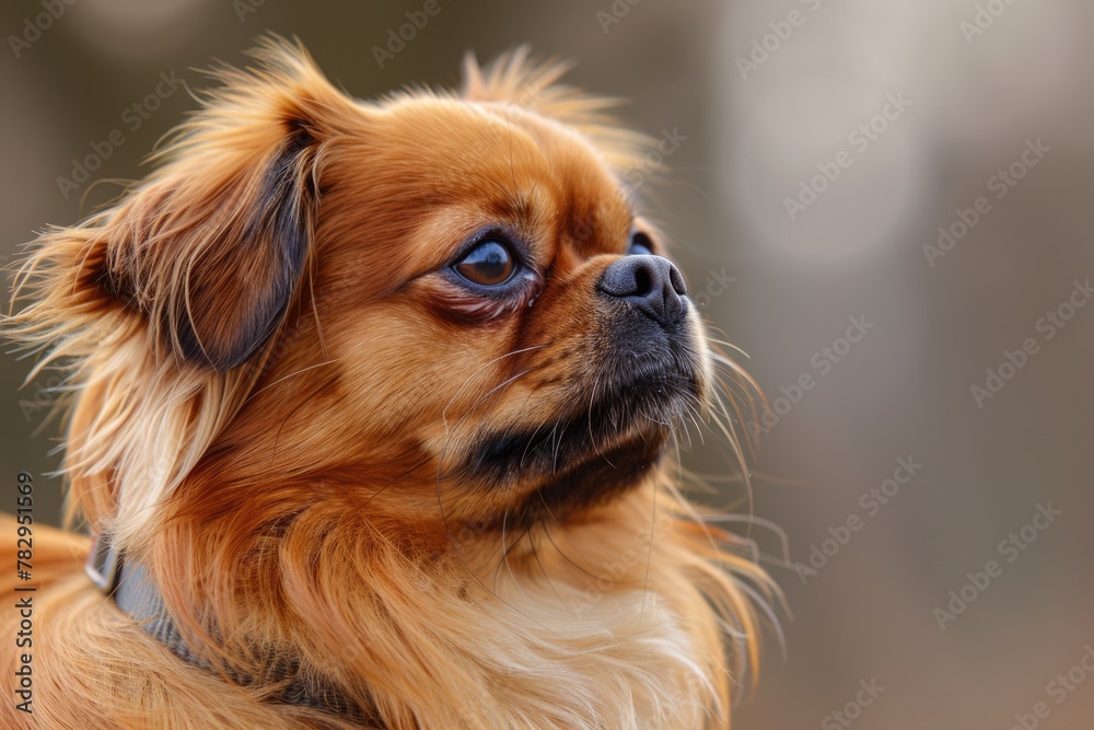 Cute Pekinese Dog with Brown Fur and Chinese Collar on Background Cute Pekinese Dog with Brown Fur and Chinese Collar on Background