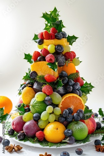 A festive Christmas tree made out of assorted fruit, perfect for holiday celebrations