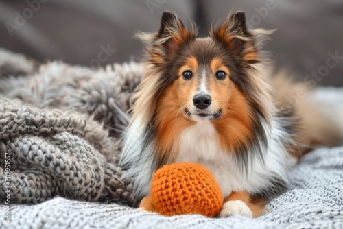 Cute Brown Sheltie. Adorable Pet Dog of Shetland Sheepdog Breed with Fur Looking Furry and Playing with Toy Ball