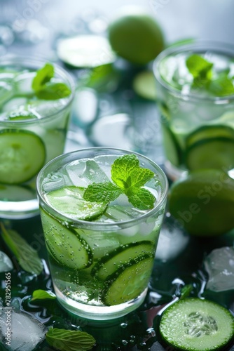 Cucumber Cocktail with a Mojito Twist. Refreshing Green Drink with Mint, Lime and Ice in Glasses for Cold Sips. Perfect Alcohol Beverage