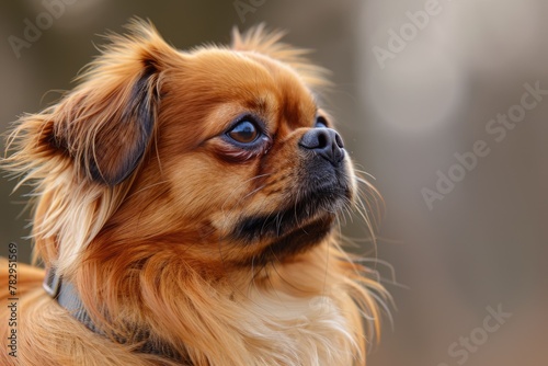 Cute Pekinese Dog with Brown Fur and Chinese Collar on Background