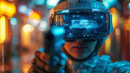 An all-powerful computer gamer with a gun in virtual reality. VR online game interface with level map. Virtual reality glasses and virtual armor on the video gamer.