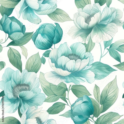 Elegant Turquoise Floral Pattern with Lush Blooming Peonies