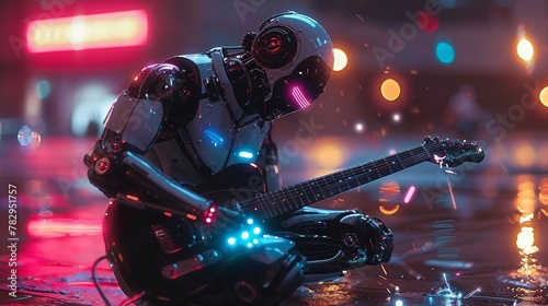 Cyborg rocker kneeling performs rock music, knocks out sparks from an electric guitar. Robot Music Show. Cool beautiful robotic girl rocker with AI.3D. photo