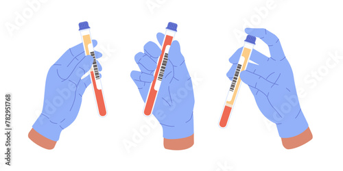 Hand holding blood tests tubes set on white background. Plasma blood in vitro collection.