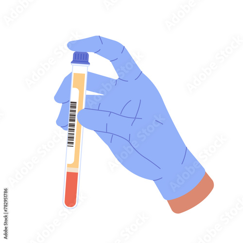 Hand holding blood plasma in vitro on white background. Blood analysis in tube