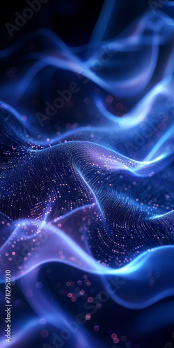 Abstract Blue Particle Waves Background with Glowing Dots