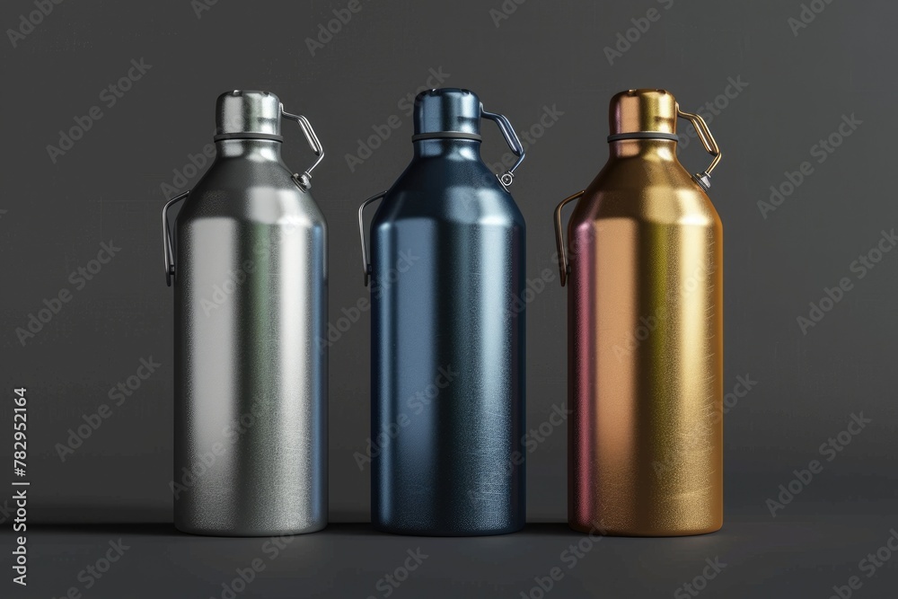 Fitness Mockup - 3D Realistic Render of Sports Stainless Bottles for Bike and Camping, Aluminium Background