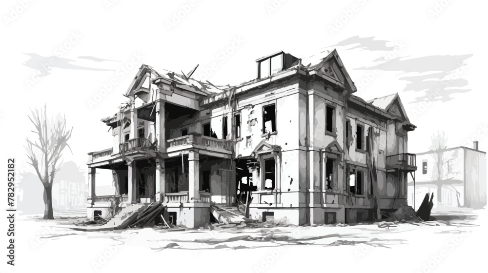 Art drawing black and white of abandoned building 