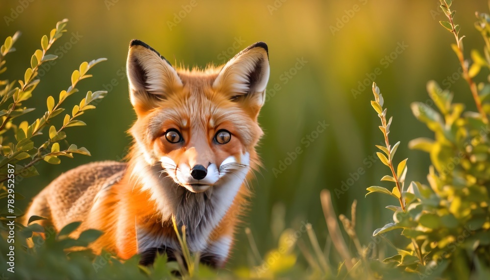 A red fox peers through lush greenery, its vibrant orange fur illuminated by the soft golden light of the setting sun.. AI Generation A red fox peers through lush greenery, its vibrant orange fur illuminated by the soft golden light of the setting sun.. AI Generation
