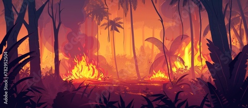 A vibrant digital illustration of a lush forest showcasing a fire burning in the distance  symbolizing the global climate change crisis affecting the Amazon rainforest.