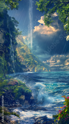 Fantasy illustration of a natural waterfall into the ocean, suitable for environmental campaigns or fantasy settings © Blue_Utilities
