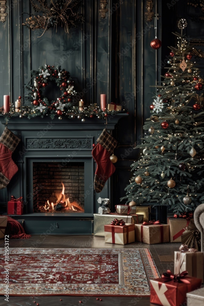 Festive living room with presents and fireplace, perfect for holiday concepts Festive living room with presents and fireplace, perfect for holiday concepts