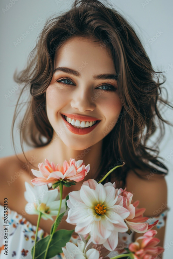 A beautiful woman holding flowers and smiling happily A beautiful woman holding flowers and smiling happily