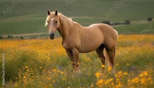 A-Golden-Horse-Standing-Amidst-A-Field-Of-Wildflow- 2